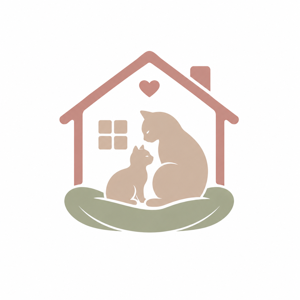 Illustration of a cat and kitten sitting inside a house with a heart above them.