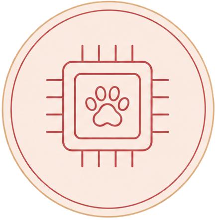 An illustration of a microchip with a paw print in the center, symbolizing pet technology or animal-related electronics.