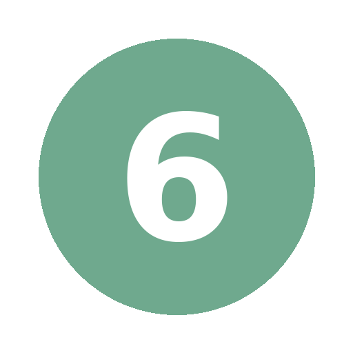 Green circular badge with a white number 6 in the center.