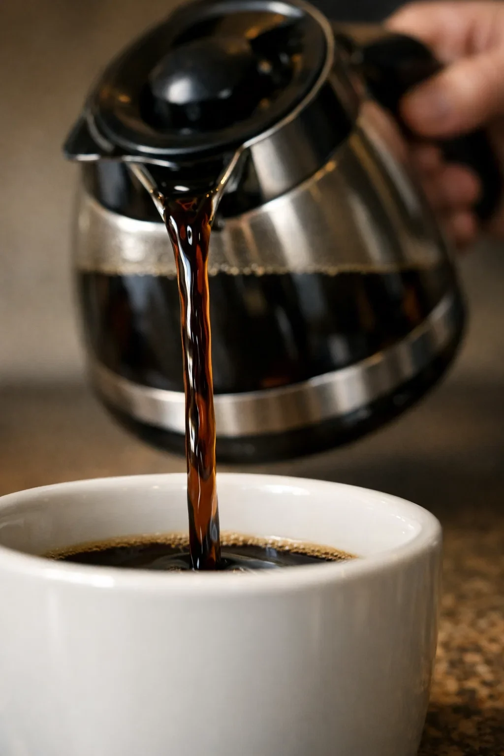 A close-up of hot coffee being poured from a coffee pot into a white mug.