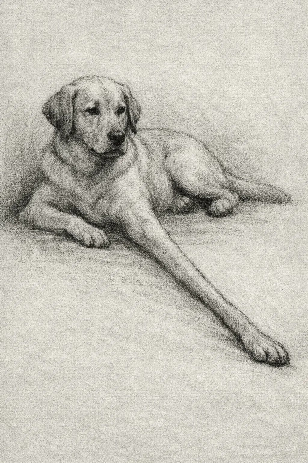 A realistic pencil drawing of a Labrador Retriever puppy lying down with one front paw extended forward and head slightly turned, on a textured background.