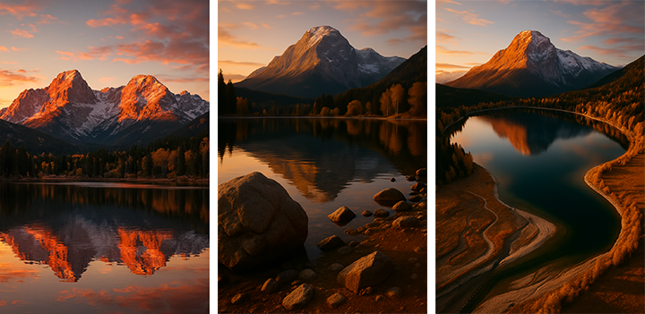 Three landscape photos of mountains and a lake during sunset or sunrise. The first shows snow-capped peaks reflected in a calm lake. The second features a mountain with a forest and rocky shoreline. The third depicts a winding lake with surrounding mountains and trees.