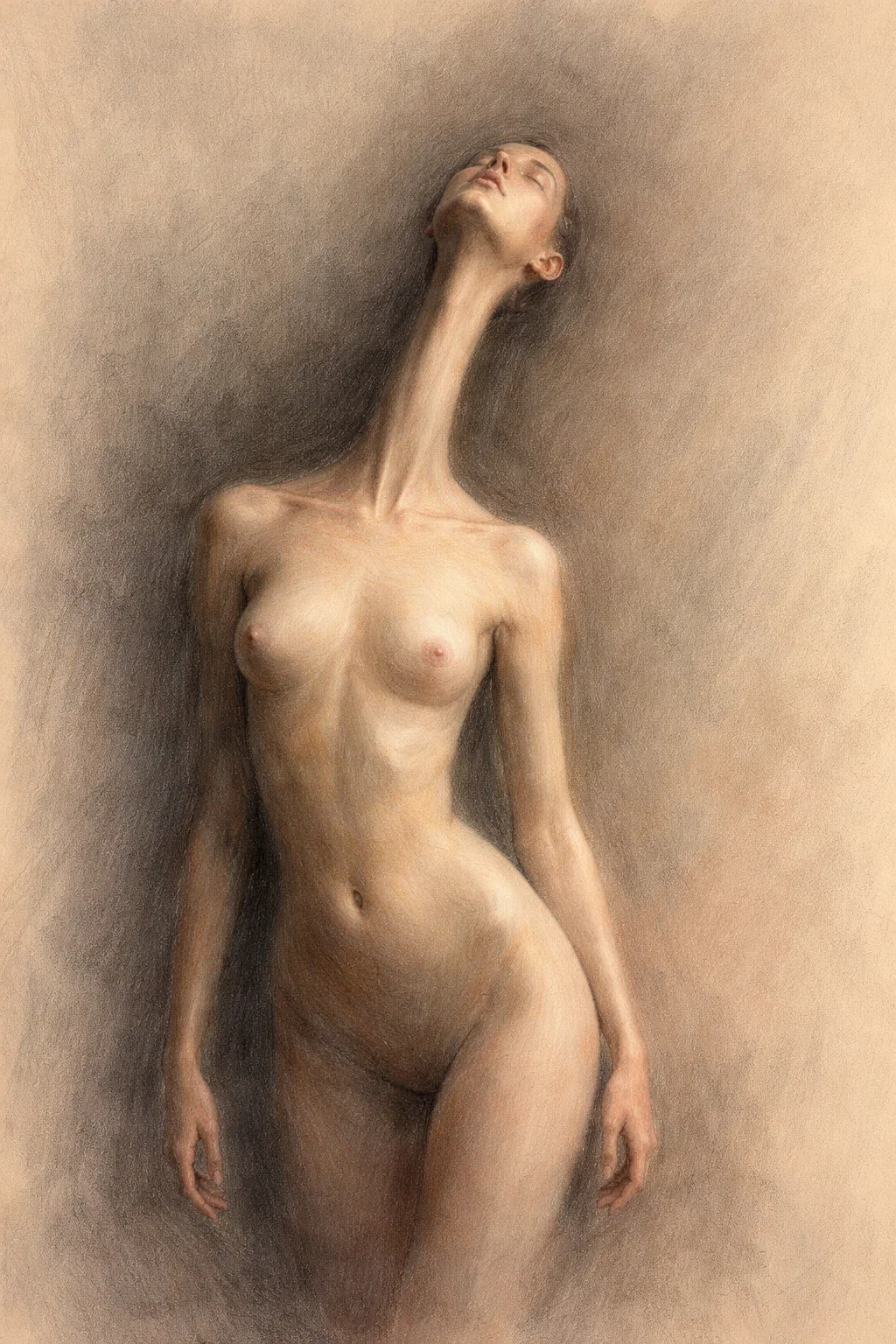A hyper-realistic portrait of a nude woman with an elongated neck, head tilted back, and eyes closed, standing against a neutral background.