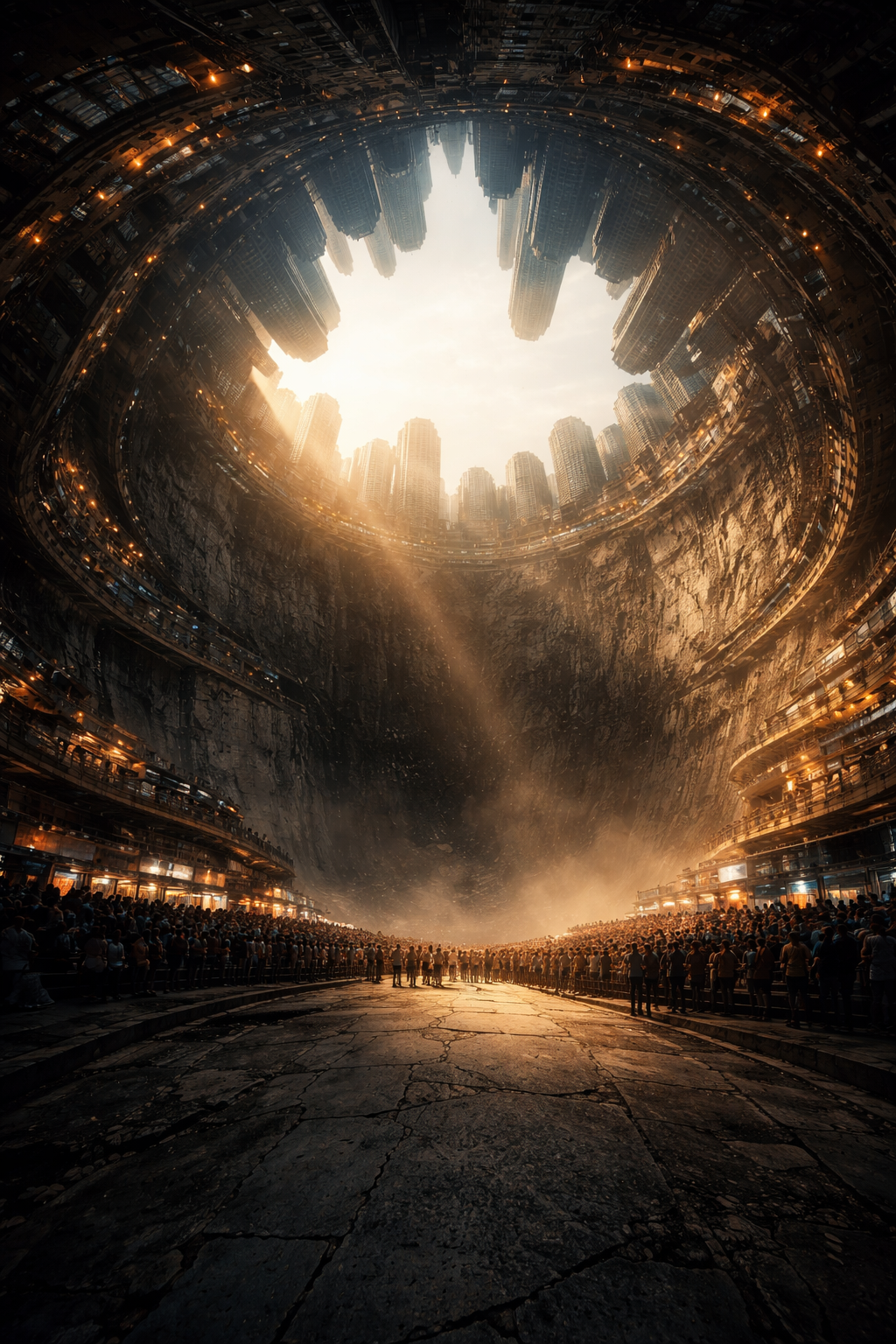 A dystopian city scene with a large crowd of people in a cracked open ground, surrounded by towering buildings that curve inward, forming a deep crater with a bright sky overhead.