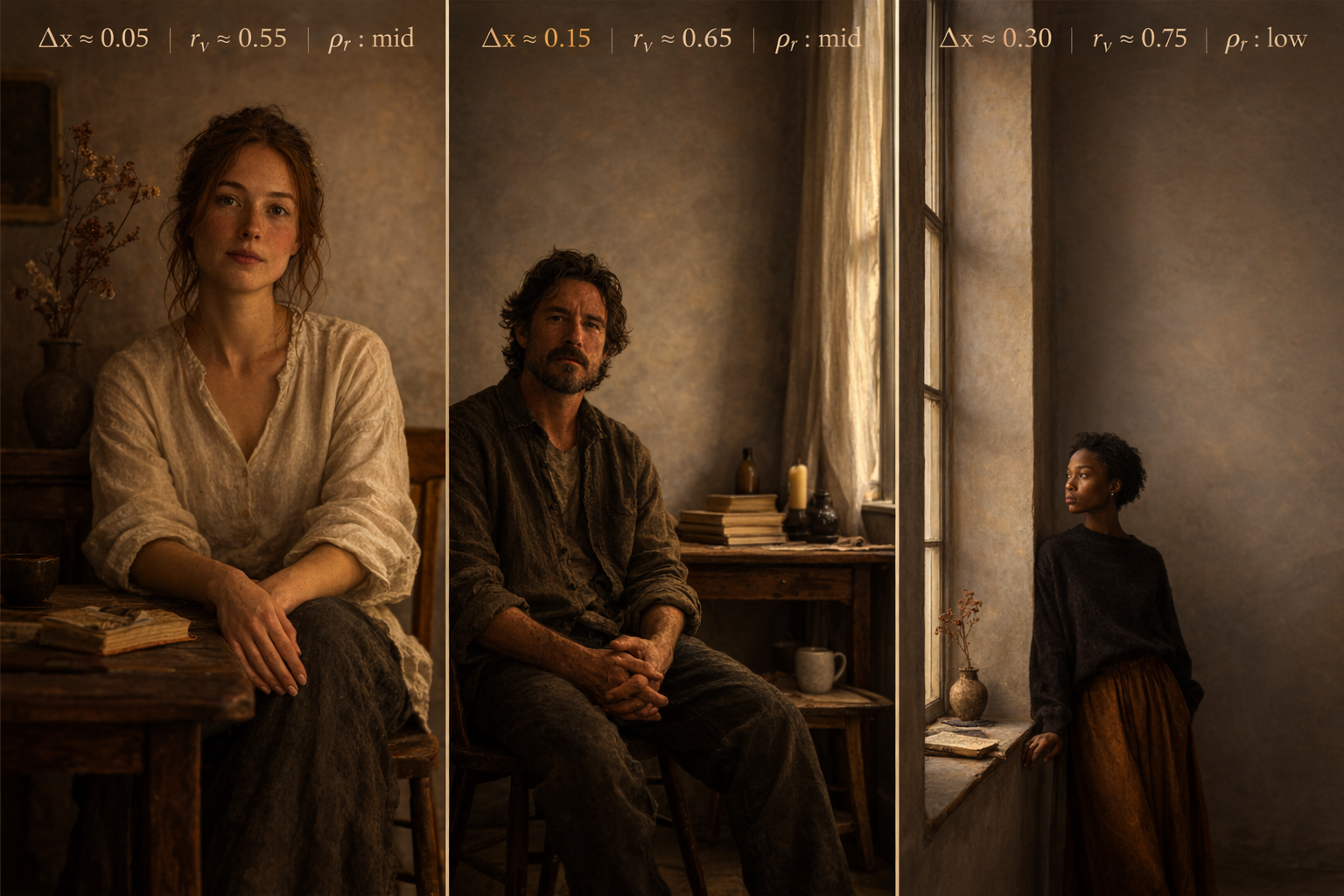 Three people sitting in a dimly lit rustic room with a vintage aesthetic, featuring textured walls and large windows. The first person is a young woman with red hair wearing a cream-colored blouse, seated at a wooden table with books and pottery. The second person is a middle-aged man with dark hair and a beard, wearing dark rustic clothing, sitting in front of a window with books and candles on a table behind him. The third person is a young woman with short curly hair wearing a black sweater, standing by the window, looking out with natural light illuminating her face.