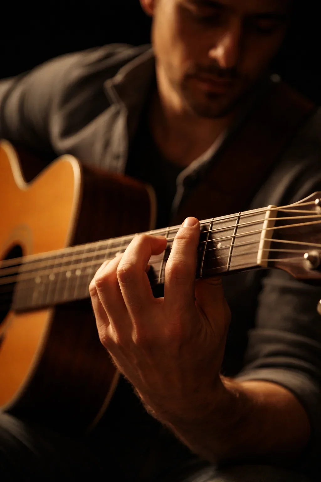A man playing an acoustic guitar, focusing on his hand on the fretboard and the guitar body, with a dark background.