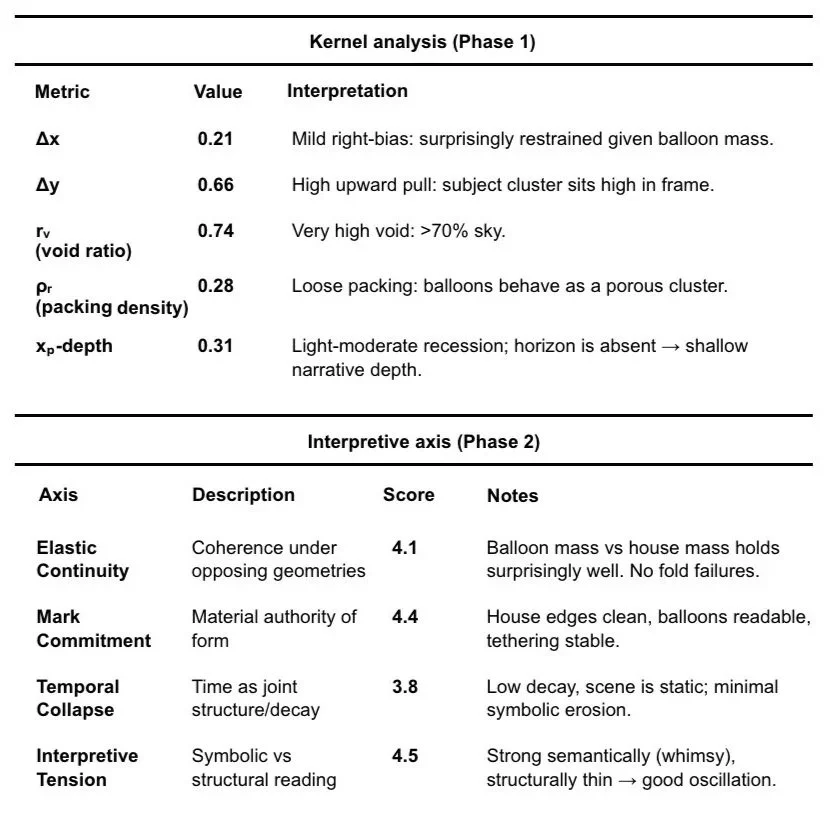 Table showing results of kernel analysis and interpretive axis with metrics, values, interpretations, and scores for a scientific study.
