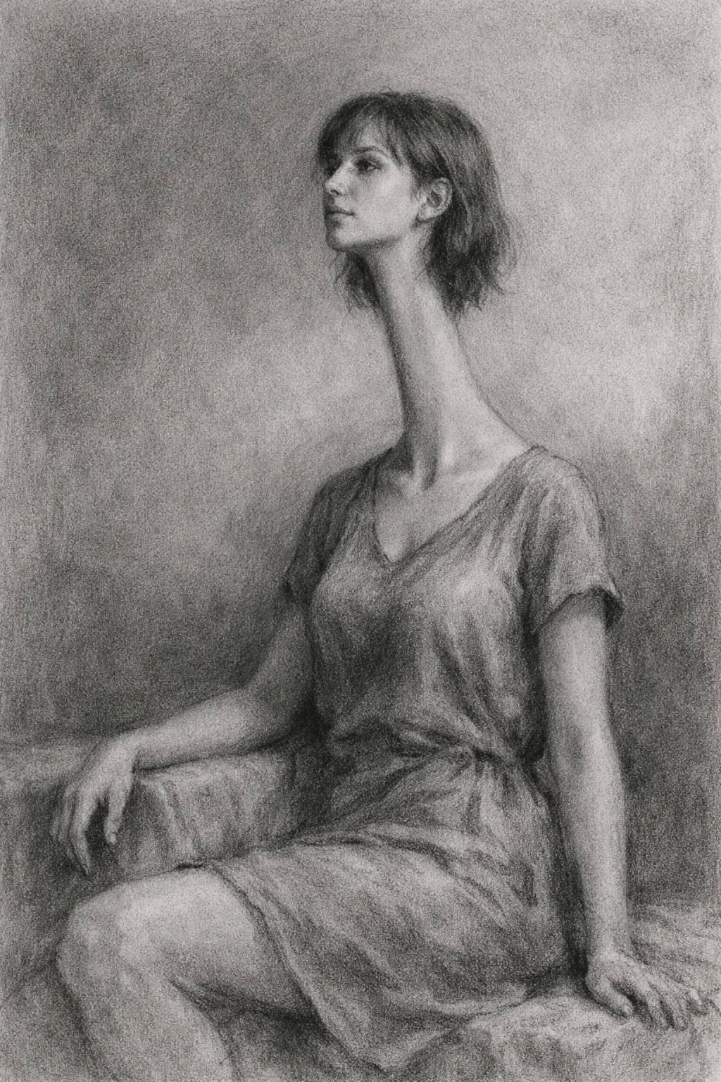 A pencil drawing of a woman with shoulder-length hair, seated with her left hand resting on her knee and her right hand on the surface beside her. She is wearing a short-sleeved dress with a V-neck.