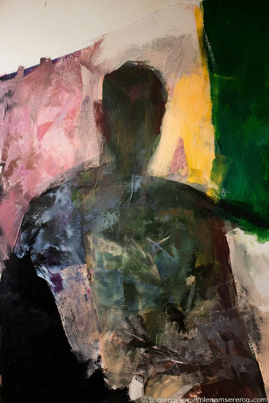 Abstract painting of a person with dark hair and clothing, featuring pink, green, yellow, and black brushstrokes, creating a blurry human figure.