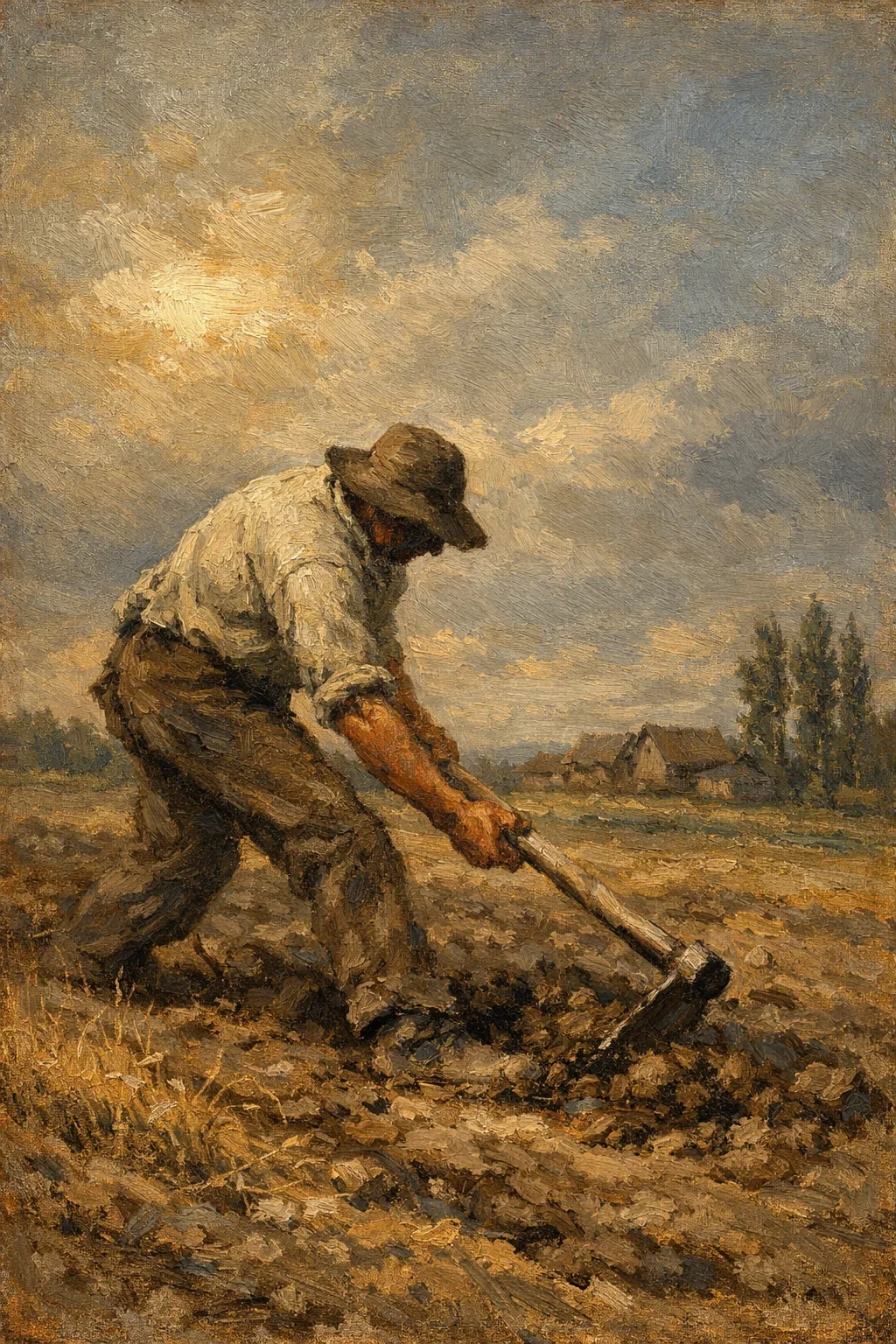 An oil painting of a farmer in a field, using a hoe to work the land under a cloudy sky, with a farmstead and trees in the background.