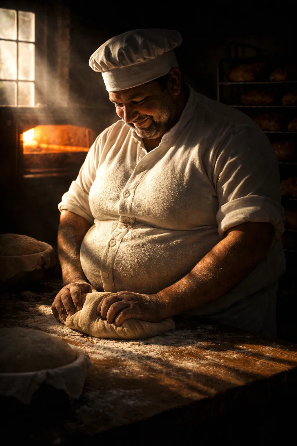 A baker in a white uniform and chef hat kneading dough in a rustic bakery with sunlight streaming through a window.
