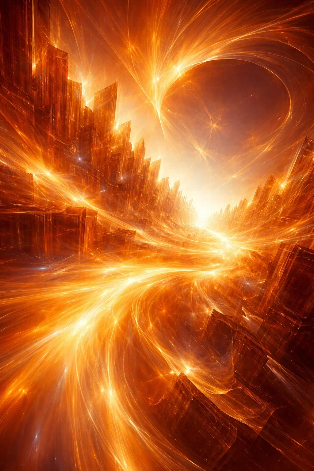 A digital abstract artwork featuring fiery orange and yellow swirling patterns, resembling a cityscape with glowing buildings, in a cosmic or sci-fi style.