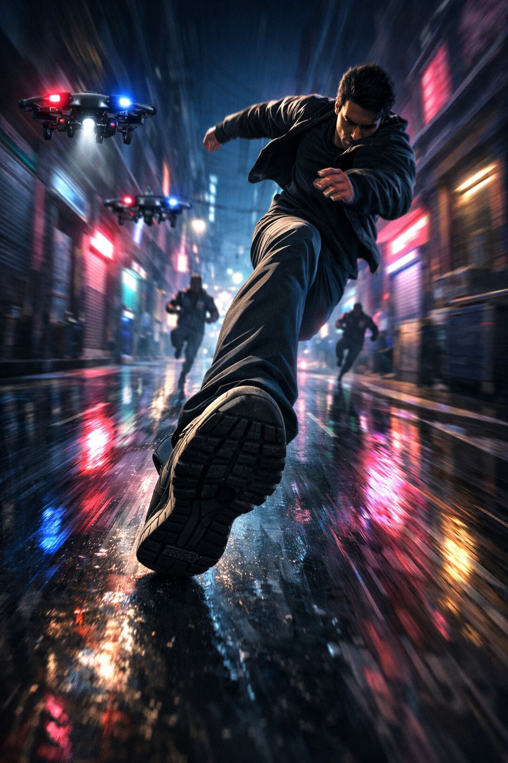 A man running down a wet city street at night, with police drones flying nearby and bright, colorful neon lights reflecting on the wet pavement.