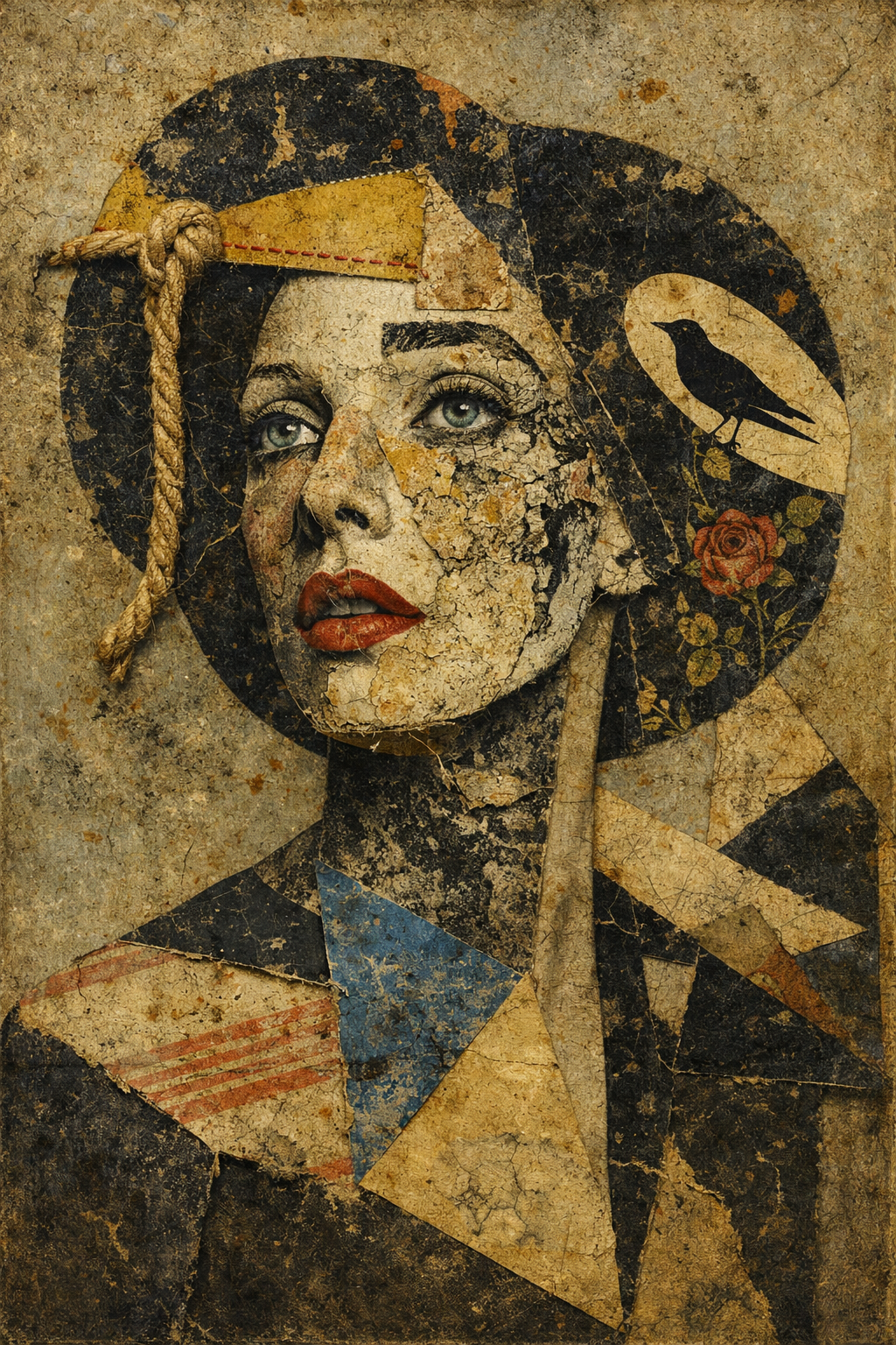 Collage artwork of a woman's face with elements of classical portrait, damaged textures, and modern graphics, including a bird silhouette and a flower. Features vibrant red lips and striking blue eyes.