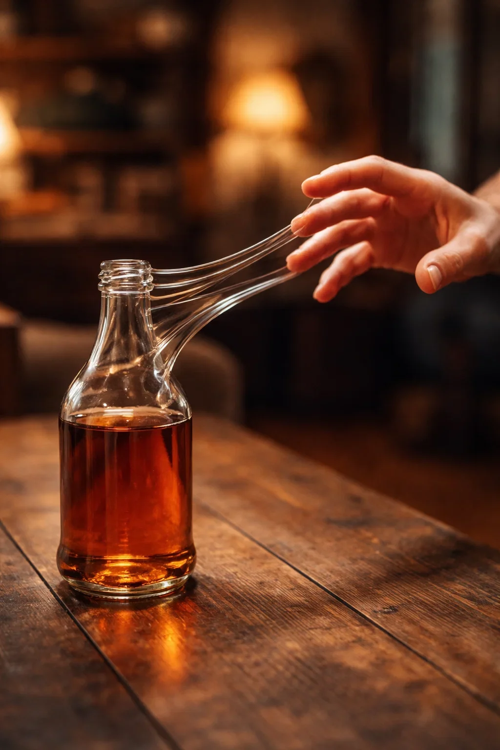 A hand holding three thin glass tubes positioned above a glass bottle filled with a dark amber liquid, on a wooden table in a dimly lit setting.