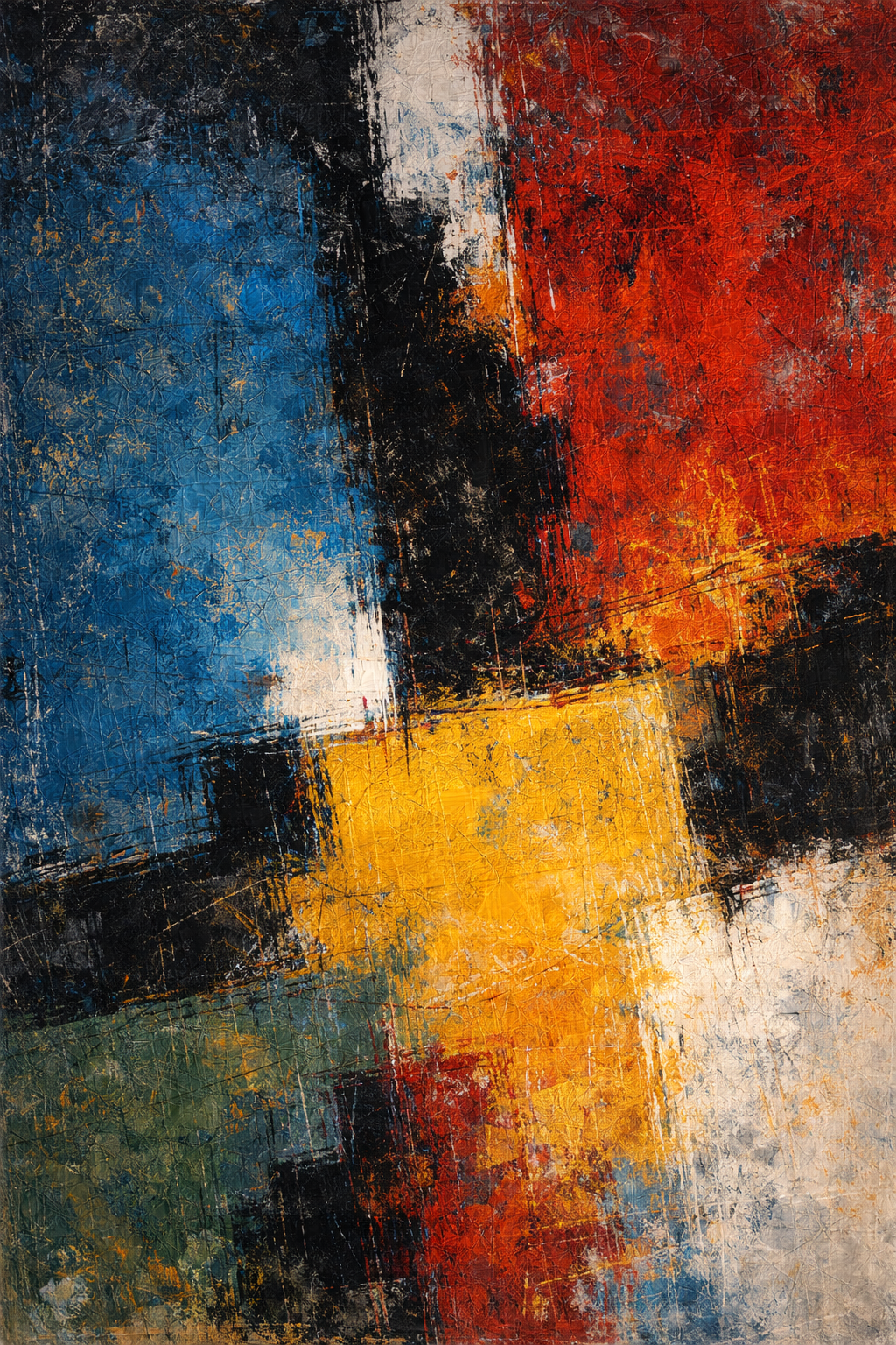 Abstract painting with bold strokes and vibrant colors, including blue, red, black, yellow, and white.