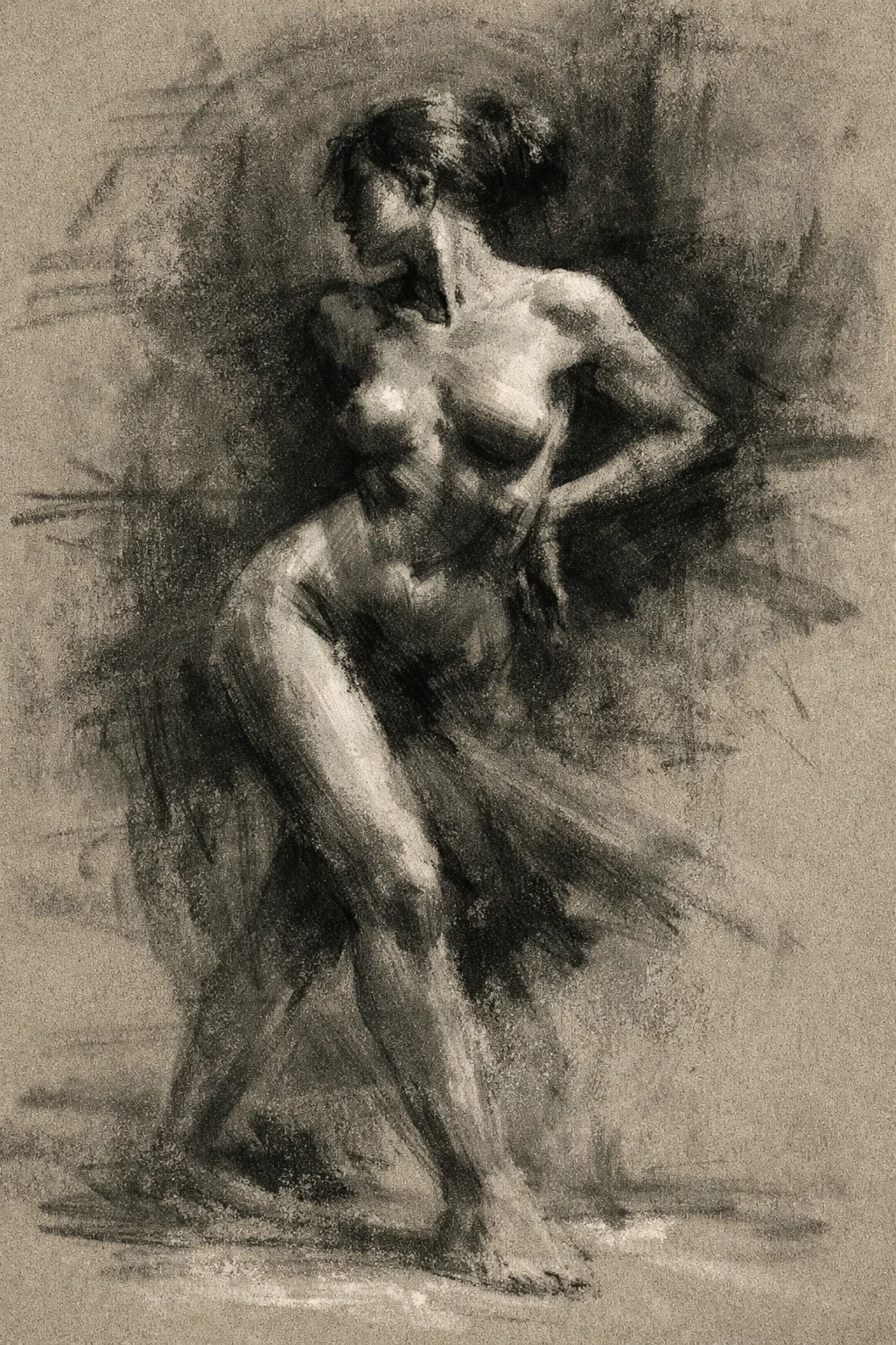 A monochrome sketch of a nude woman standing in a relaxed pose, with one hand on her hip and the other touching her hair, against a textured background.