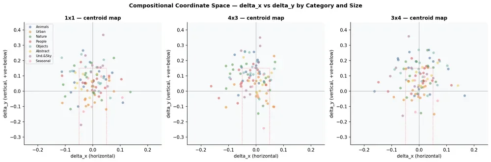 Three scatter plots showing the relationship between delta_x and delta_y for different size categories, with points color-coded by category