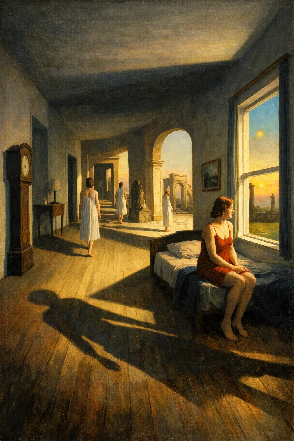 A woman in a red dress sitting on a bed looking out the window, with four women in white dresses walking inside a large, sunny room with classical architecture and a sunset outside.