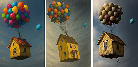 Three house-shaped balloons floating in the sky, each with a bunch of colorful balloons attached to their roofs and a single balloon floating nearby.
