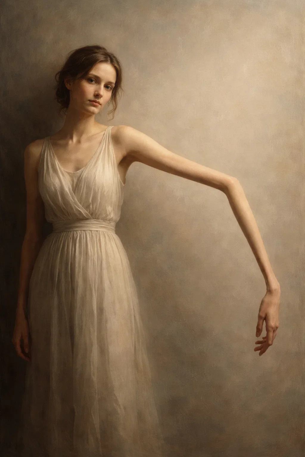 A drawing of a young girl with her eyes closed, standing against a wall, with her left arm extended horizontally and a black tube connected to her hand, resembling an IV drip, hanging down.