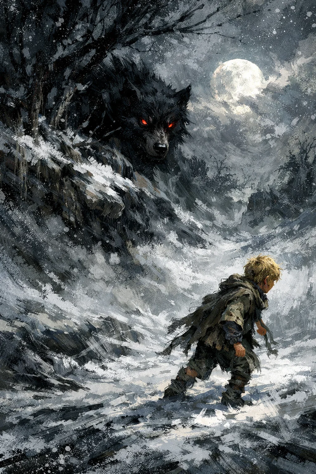 A young boy walking through snowstorm with a large, menacing black wolf with glowing red eyes watching from above under a full moon