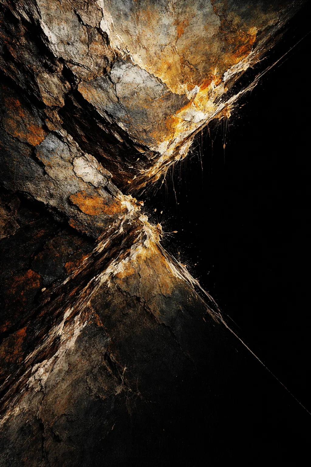Close-up photograph of a rusted, cracked metal or rock surface with peeling paint and a dark background.