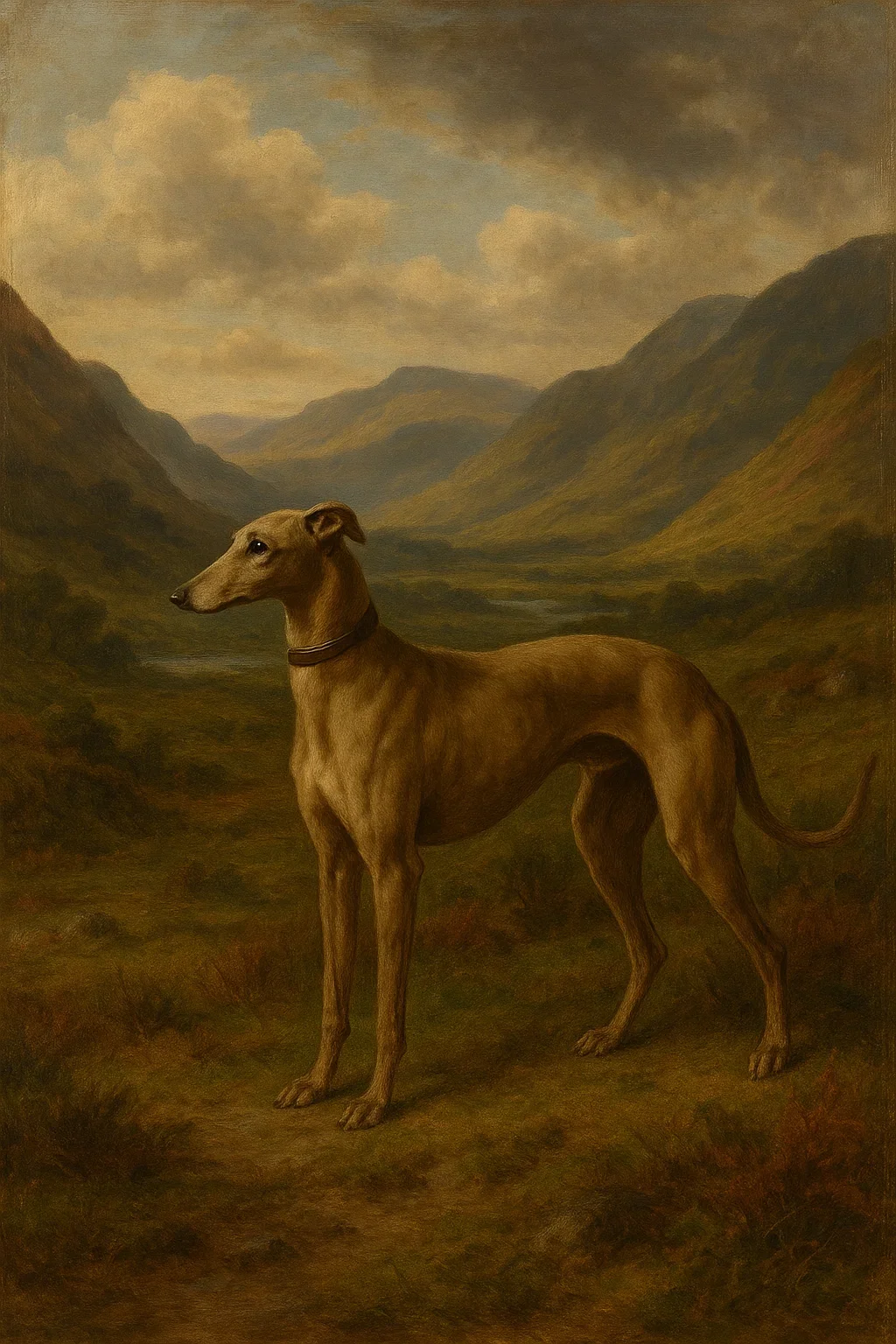A painting of a slender dog with a long neck and short fur, standing on grassy terrain with mountains and a cloudy sky in the background.