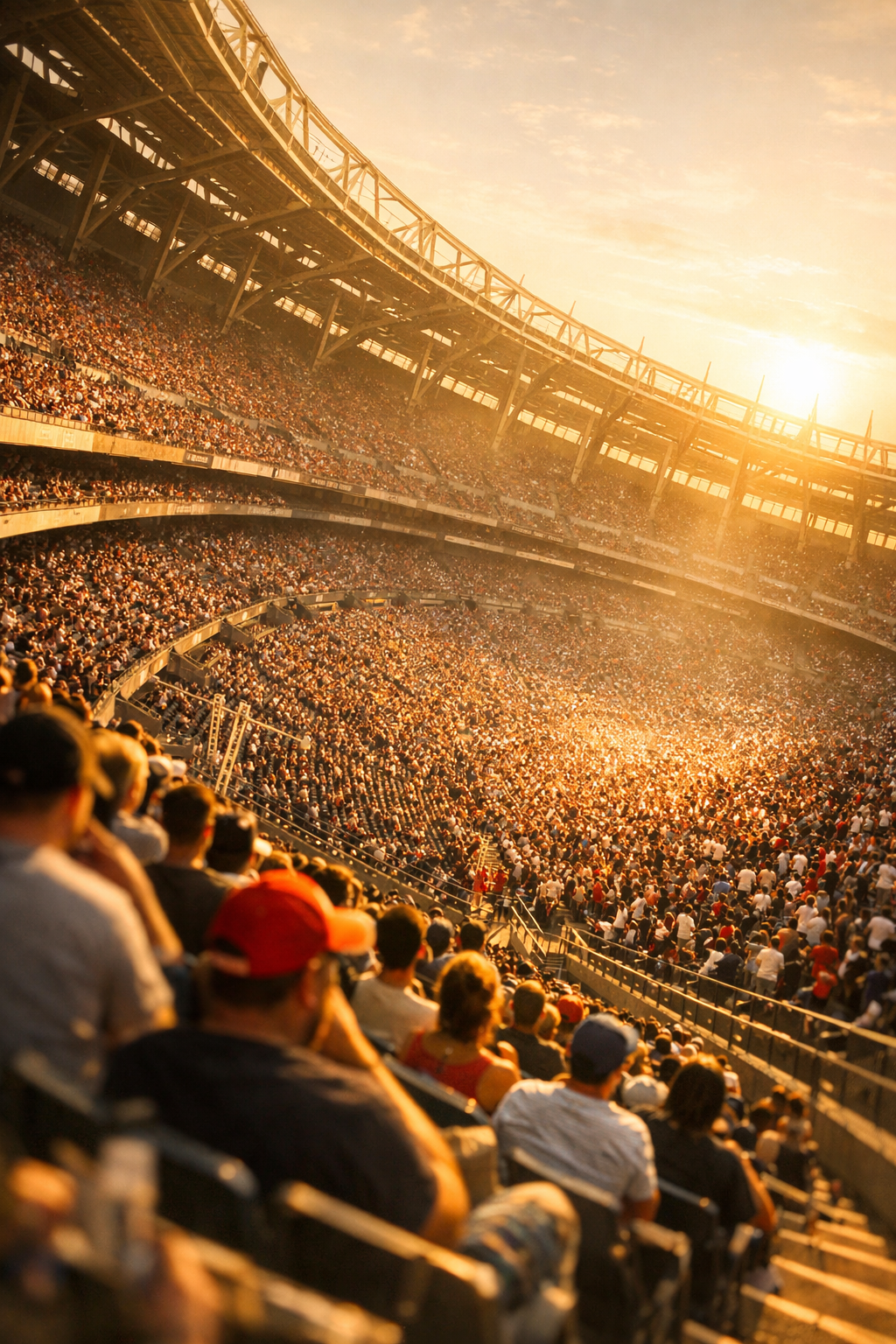 Crowd gathered in a stadium during sunset.