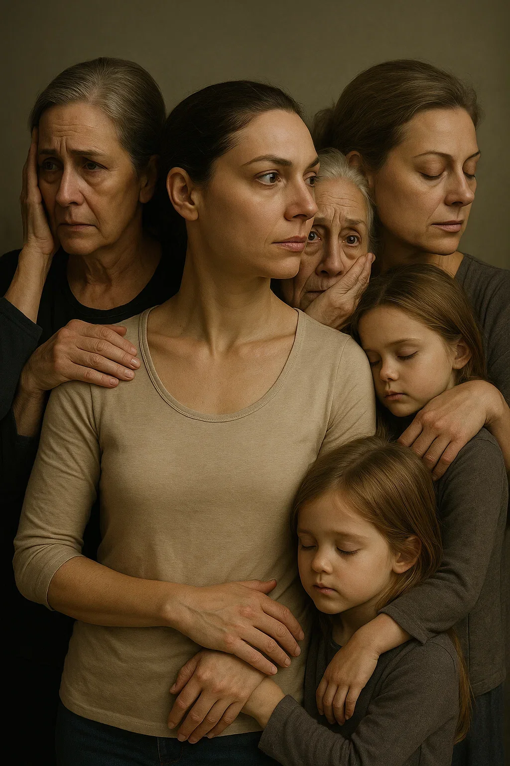 A group of six women and girls hugging and showing various emotional expressions.