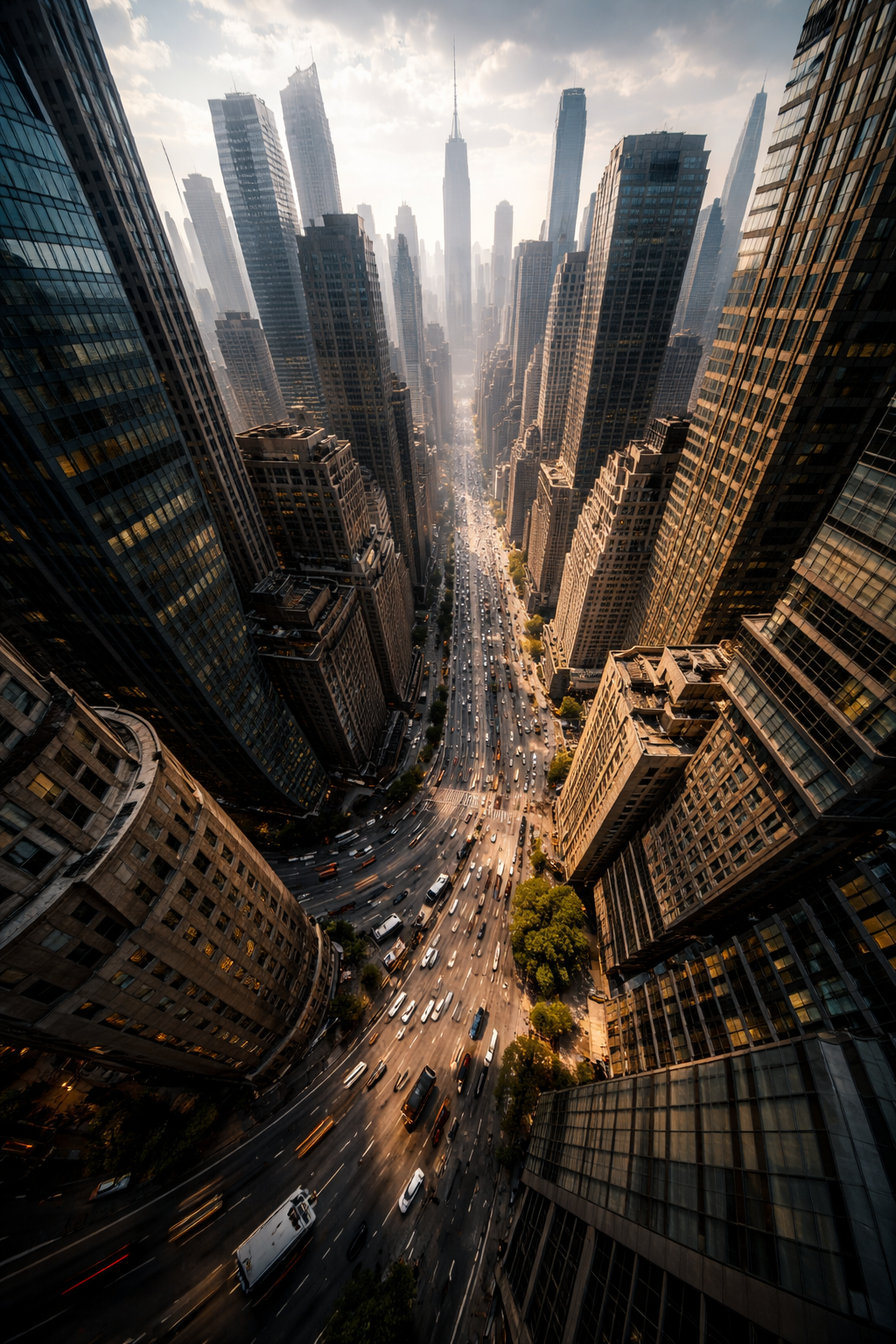 Aerial view of a busy city street with tall skyscrapers on both sides, traffic, and a sunset sky.