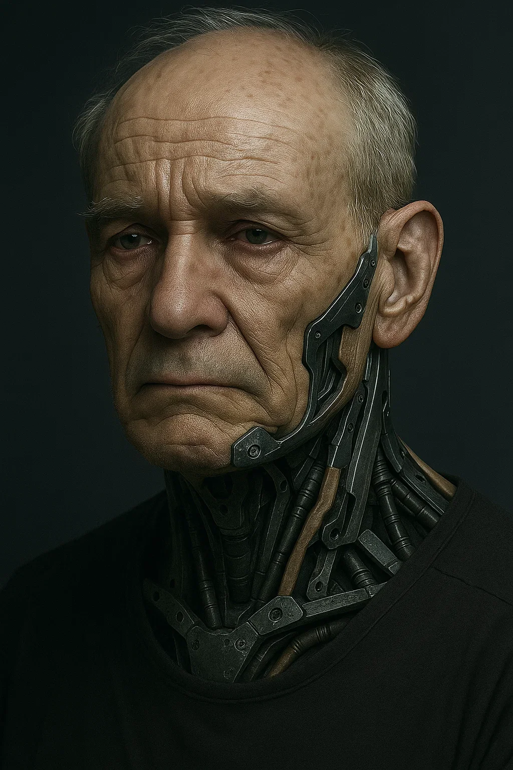 A portrait of an elderly man with cybernetic enhancements on his face and neck, with a serious expression, against a dark background.