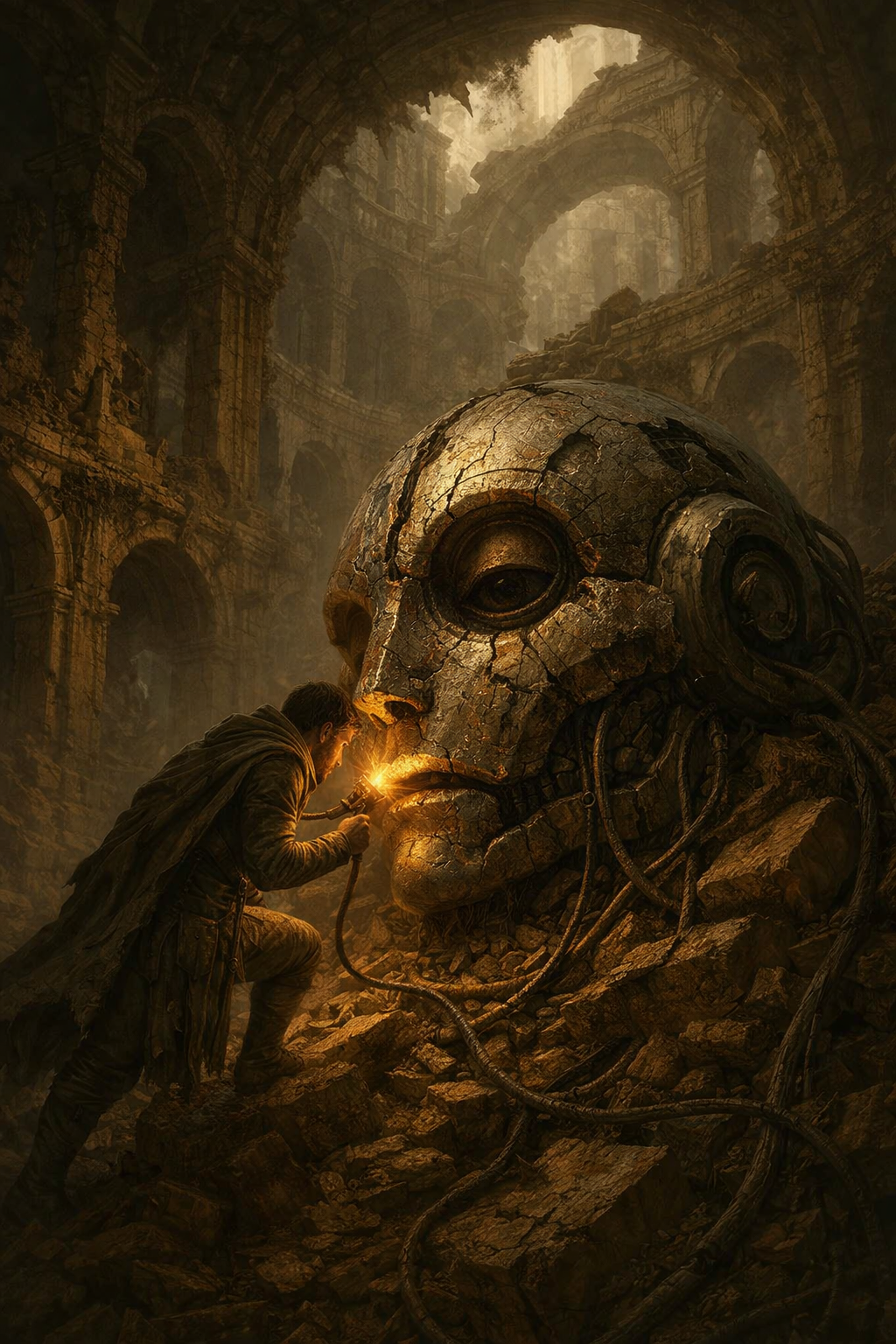 A person in medieval clothing working on a large, futuristic robotic head inside an ancient, abandoned structure with multiple arched levels and a domed ceiling.