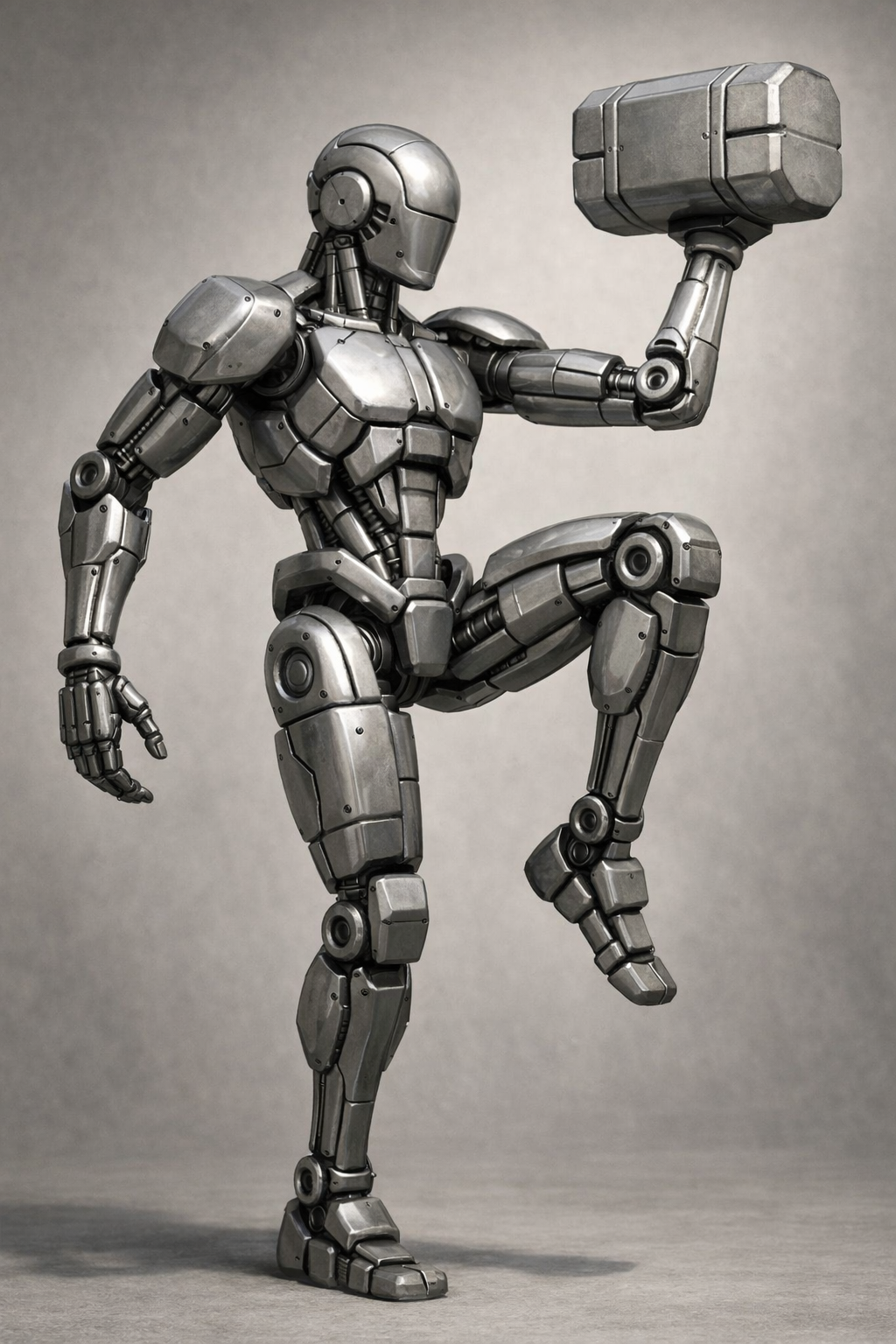 Drawing of a humanoid robot with a muscular build, holding a large hammer in its right hand, in a kneeling pose.