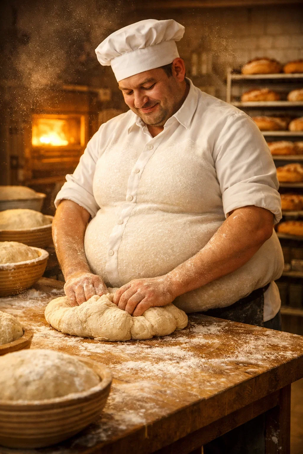 A baker in a white chef's hat and shirt kneading dough on a wooden counter dusted with flour, with baked bread on racks in the background and a warm oven fire burning.