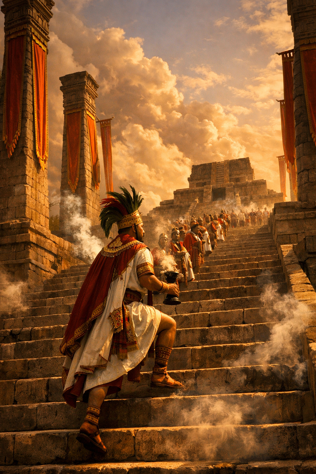 Ancient temple steps with people dressed in traditional attire, ascending towards a temple structure, with large stone pillars draped with colorful banners, during sunset.