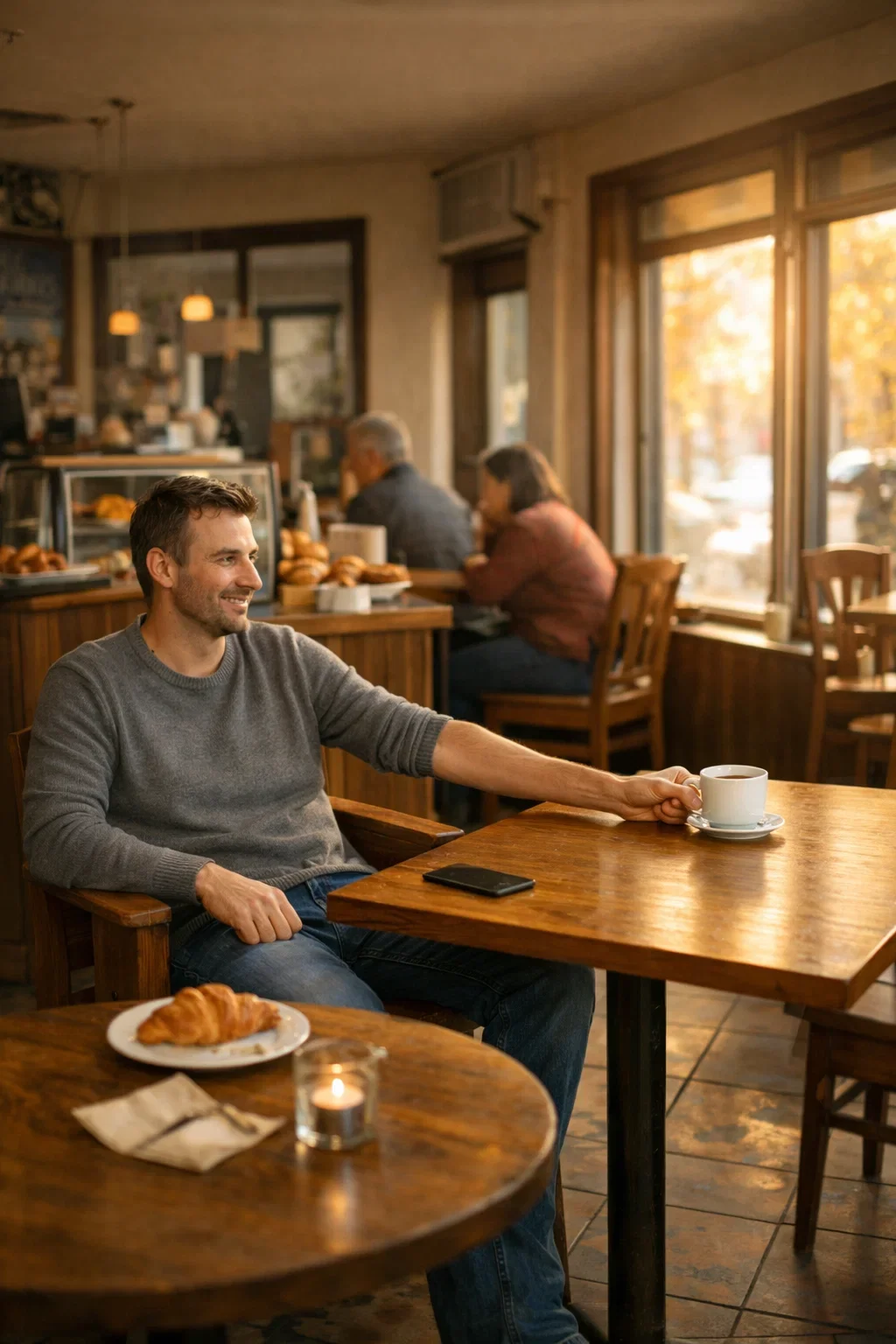 A man sitting at a wooden table in a cozy cafe, smiling and reaching for a cup of coffee. There is a croissant and a lit candle on his table, with warm sunlight coming through large windows and other patrons in the background.