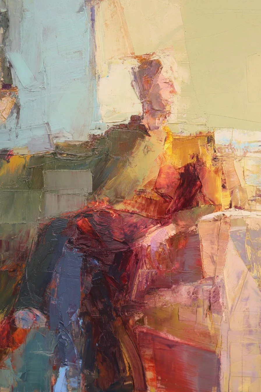 Abstract painting of a woman sitting at a desk, reading a document, with a laptop in front of her and a smartphone in her hand. The scene is rendered with broad, textured brushstrokes in warm tones.