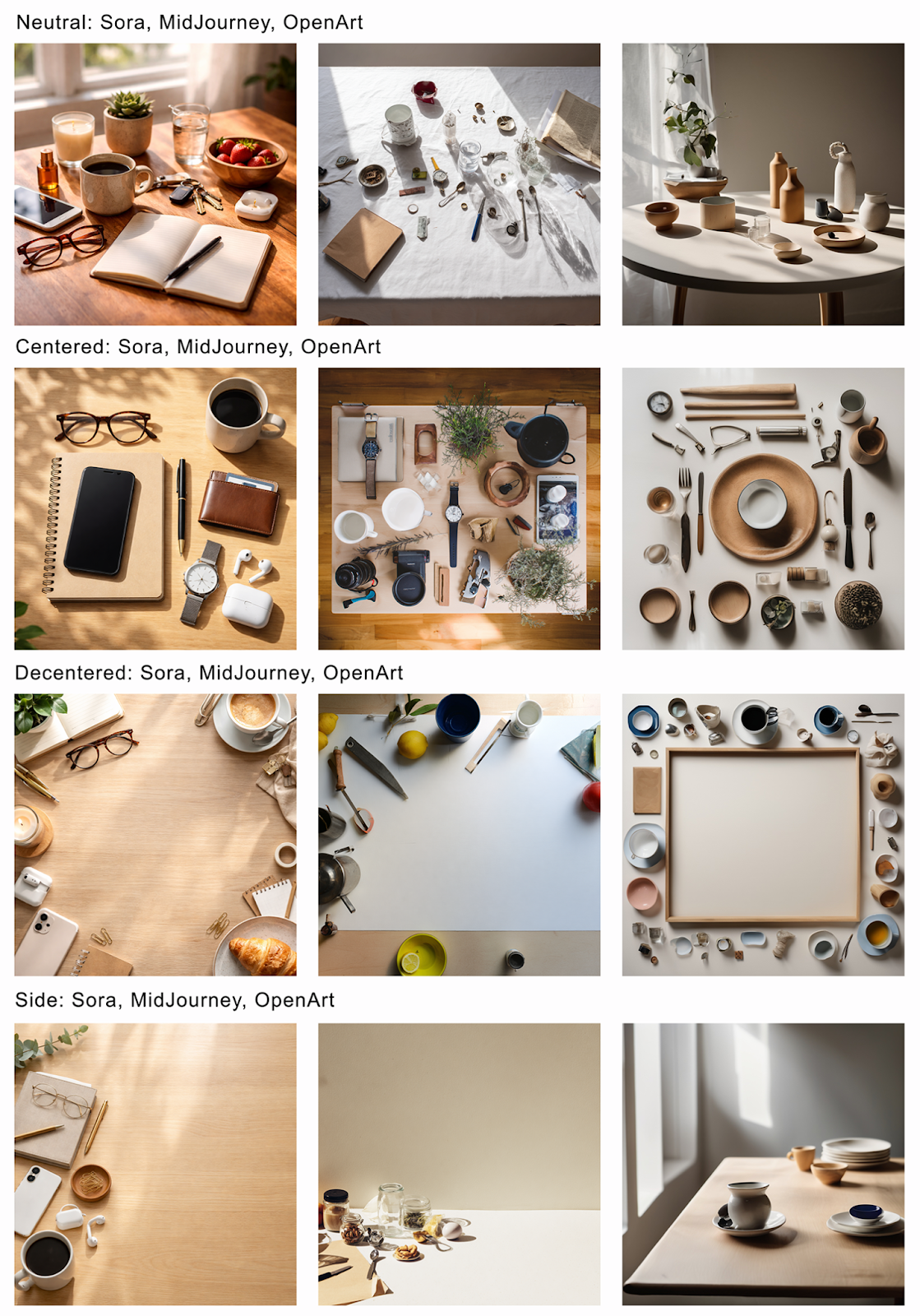 Compilation of nine photos showing various arranged objects on tables, organized in three rows labeled as centered, decentered, and side. The objects include everyday items like cups, plates, cutlery, watches, cameras, notebooks, and decorative pottery in neutral tones and natural lighting.