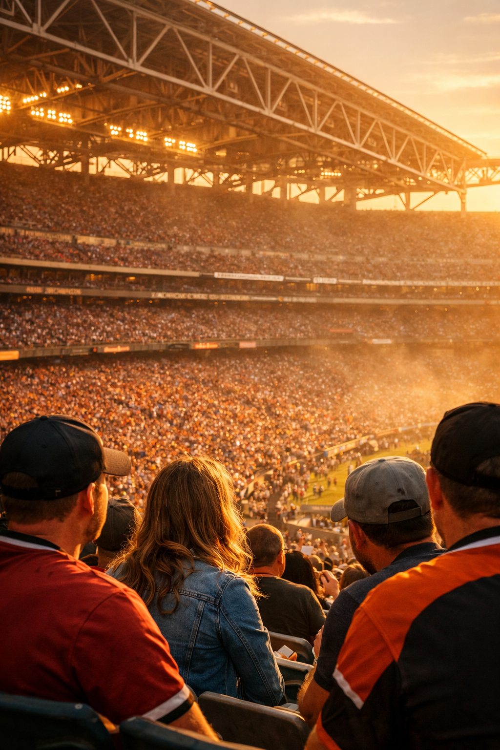 Spectators watching a sports game in a large outdoor stadium during sunset, with a crowd filling the stands and a field illuminated by bright lights.