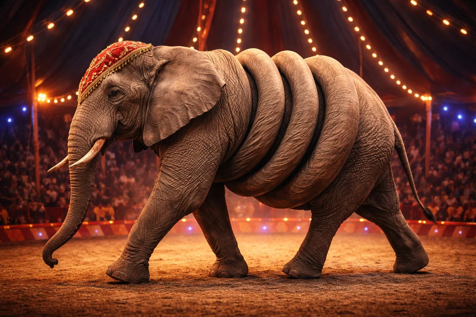 An elephant wearing a red circus hat with gold embellishments standing in a circus ring illuminated by string lights with a crowd in the background.
