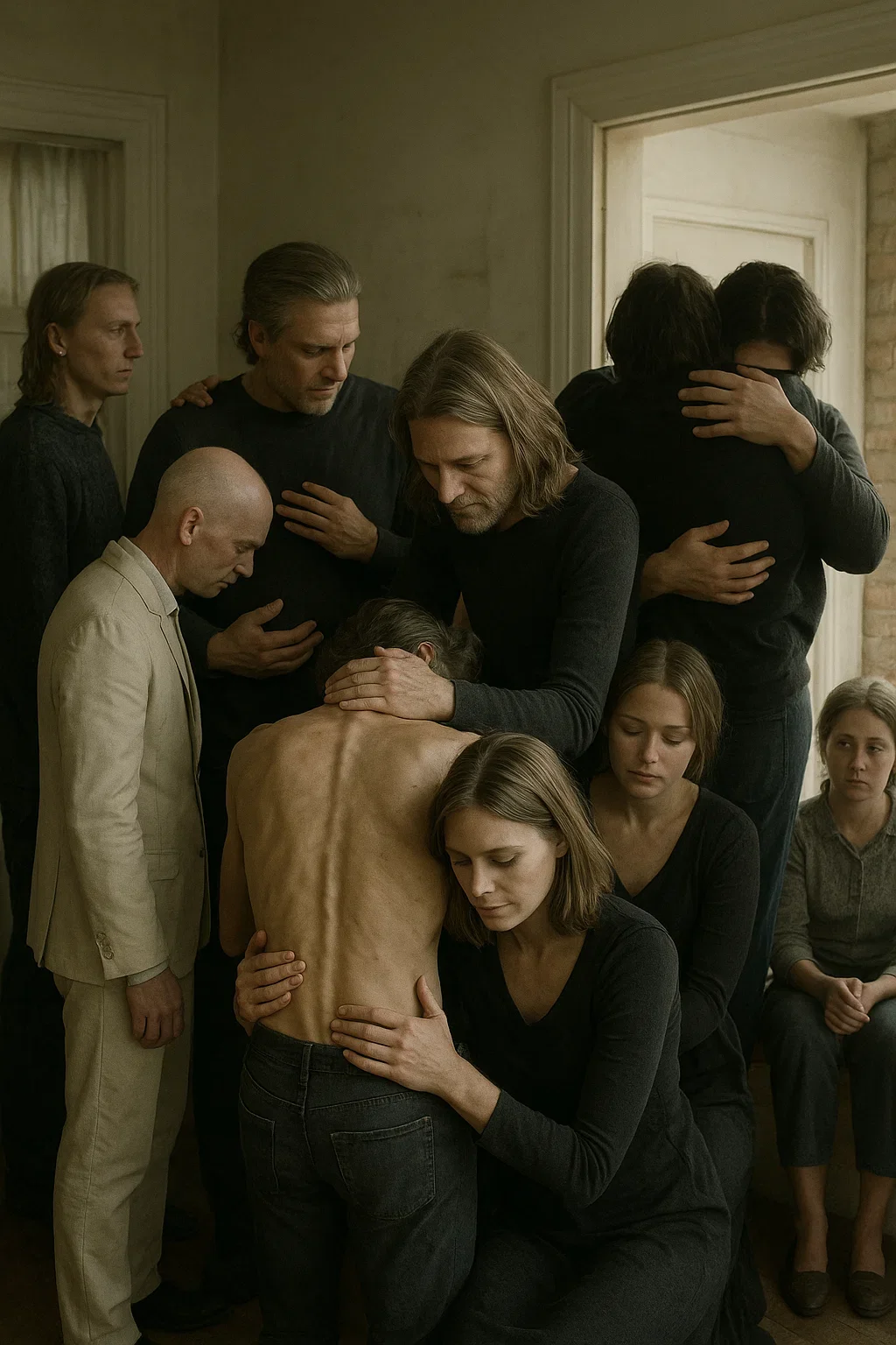 A group of people mourning around a deceased person with a visible back, in a somber indoor setting.