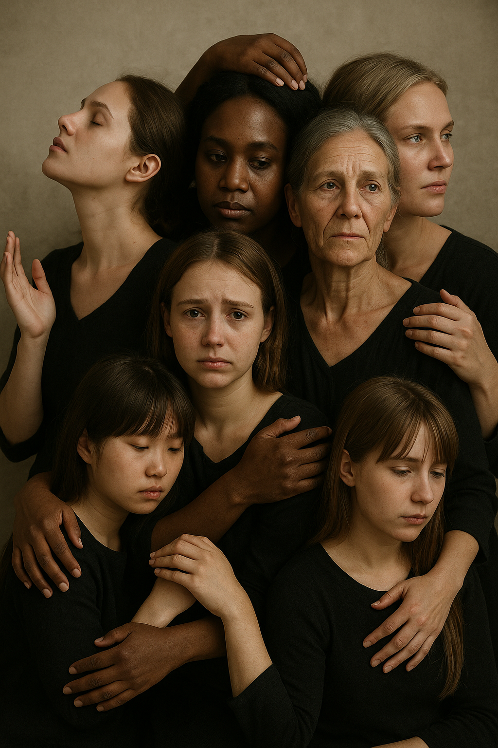 A group of seven diverse women and girls standing closely together, displaying a range of emotions including sadness, contemplation, and serenity, with some embracing or holding each other against a neutral background.