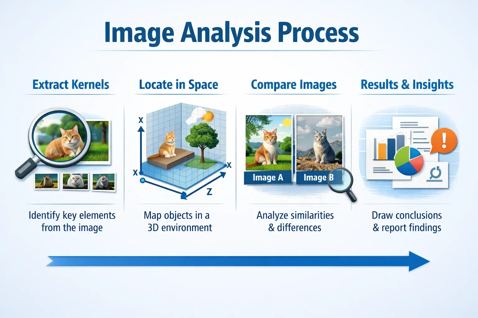 Diagram of the image analysis process, showing steps: extracting key elements from a photo of a cat, mapping objects in a 3D space, comparing two images of the cat in different environments, and drawing conclusions and report findings with charts and an exclamation mark icon.