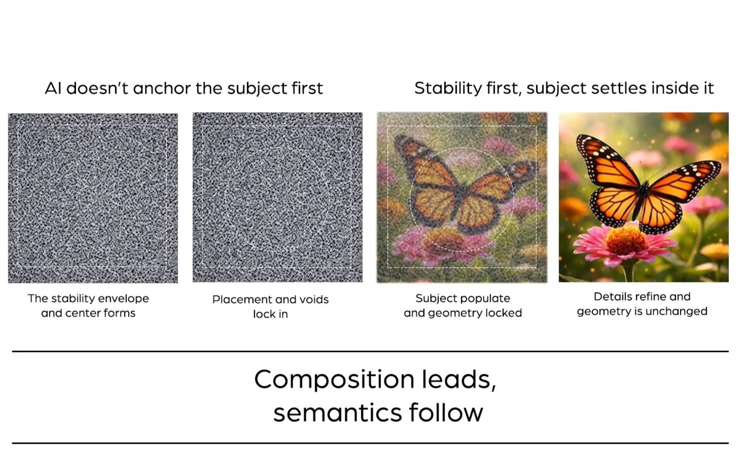 Diagram illustrating the process of image composition affecting semantics. The first section shows a noisy pattern indicating unstable envelope and centered form. The second section highlights the placement of the subject with locked geometry. The third shows a blurred butterfly image with the subject settle inside it. The fourth presents a clear butterfly on a flower, with details refined and geometry unchanged. The caption reads "Composition leads, semantics follow."