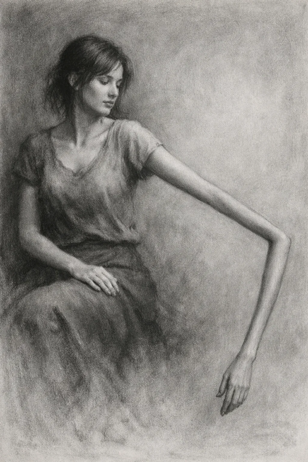 A grayscale drawing of a woman with medium-length hair, sitting with her eyes closed, wearing a loose shirt and long skirt. Her right arm is resting on her lap, and her left arm is extended outward with a bent elbow, hanging down with the hand open.