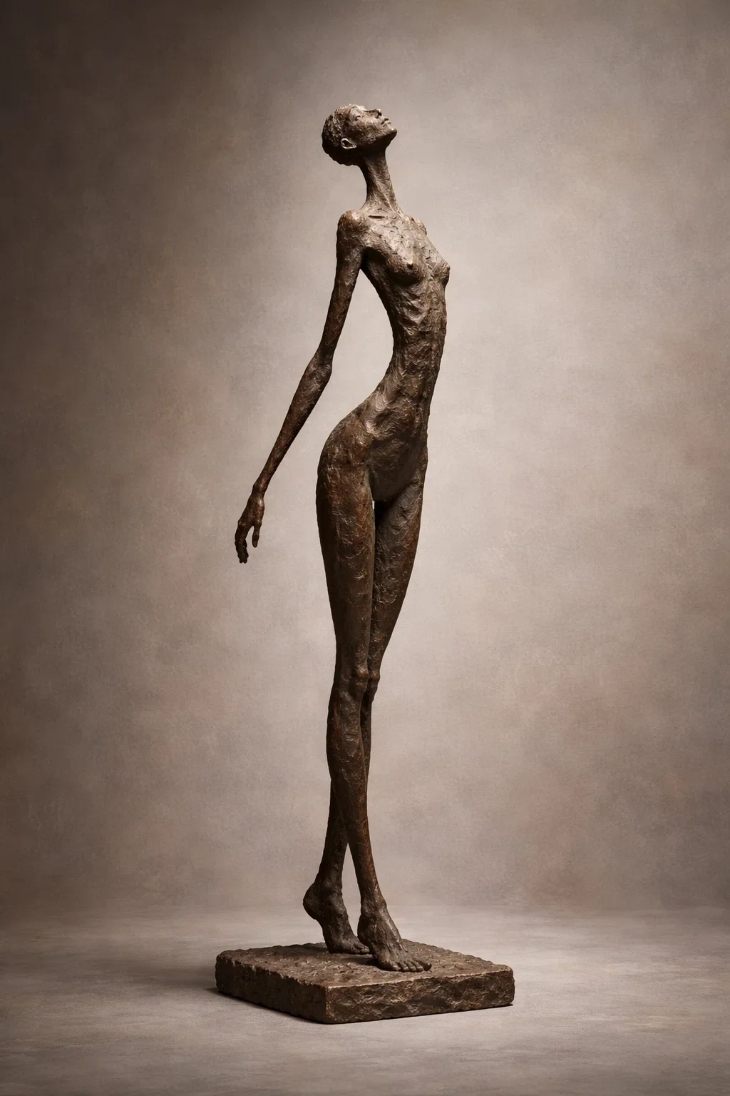 A bronze sculpture of a slender woman with her head tilted back, arms relaxed at her sides, and one foot slightly in front of the other, standing on a rectangular base.