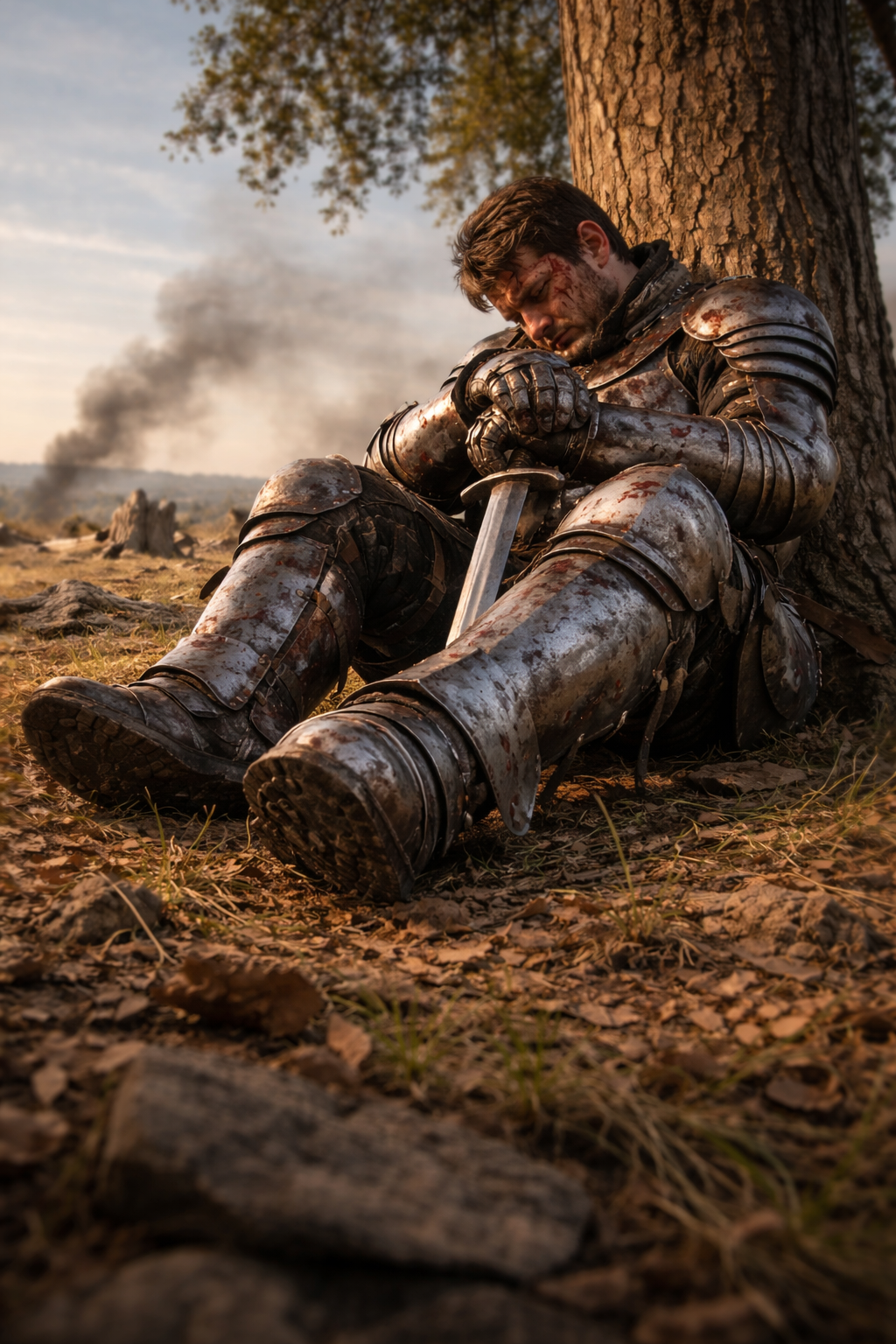 A knight in full armor sitting against a tree with a sword, looking exhausted and injured, in a battlefield with smoke in the distance during sunset.