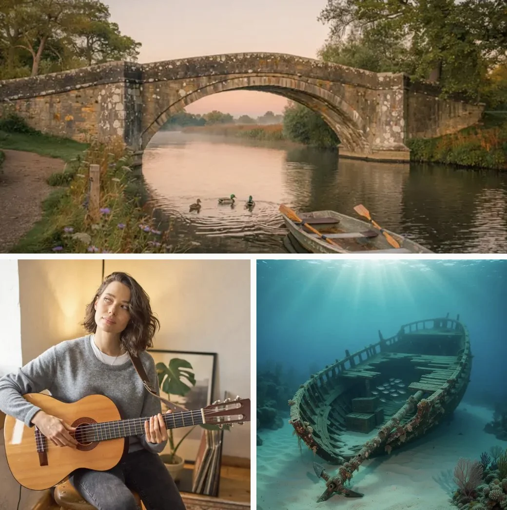 The image has a collage of three pictures: the top picture shows an old stone bridge over a river at sunset with ducks swimming and a small boat tied to the shore; the bottom left picture shows a woman with short brown hair playing an acoustic guitar indoors; the bottom right picture shows an underwater scene of a sunken wooden boat resting on the ocean floor surrounded by coral.
