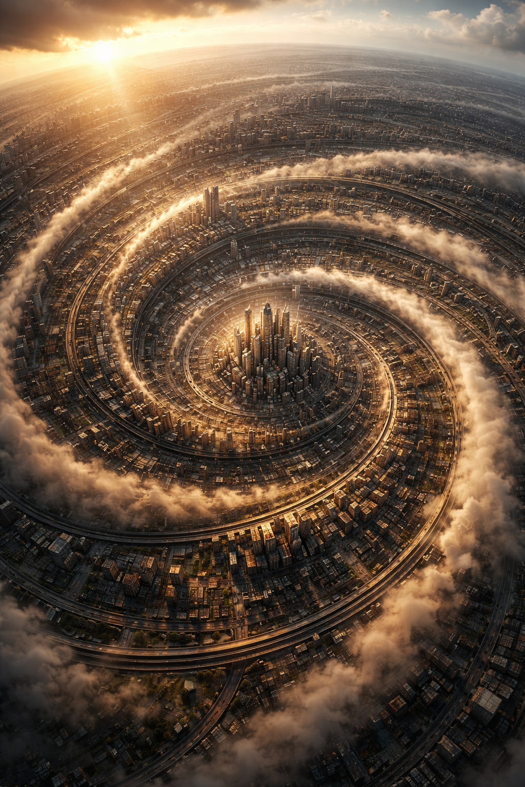 An aerial view of a city with tall skyscrapers at the center, surrounded by concentric rings of buildings and roads, with clouds swirling around and a setting sun casting a golden glow over the scene.